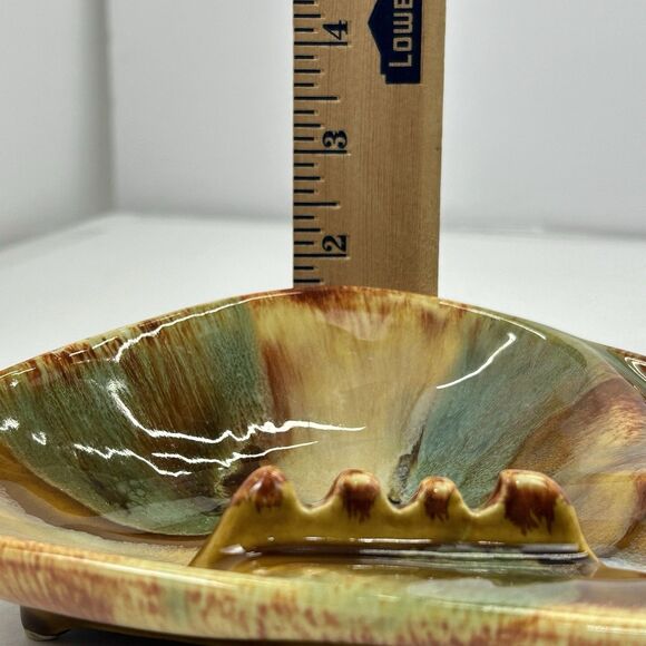 Vintage MCM Dryden Pottery Ozark Frontier Ashtray Brown Blue Drip Glaze 9.5” - Picture 12 of 12